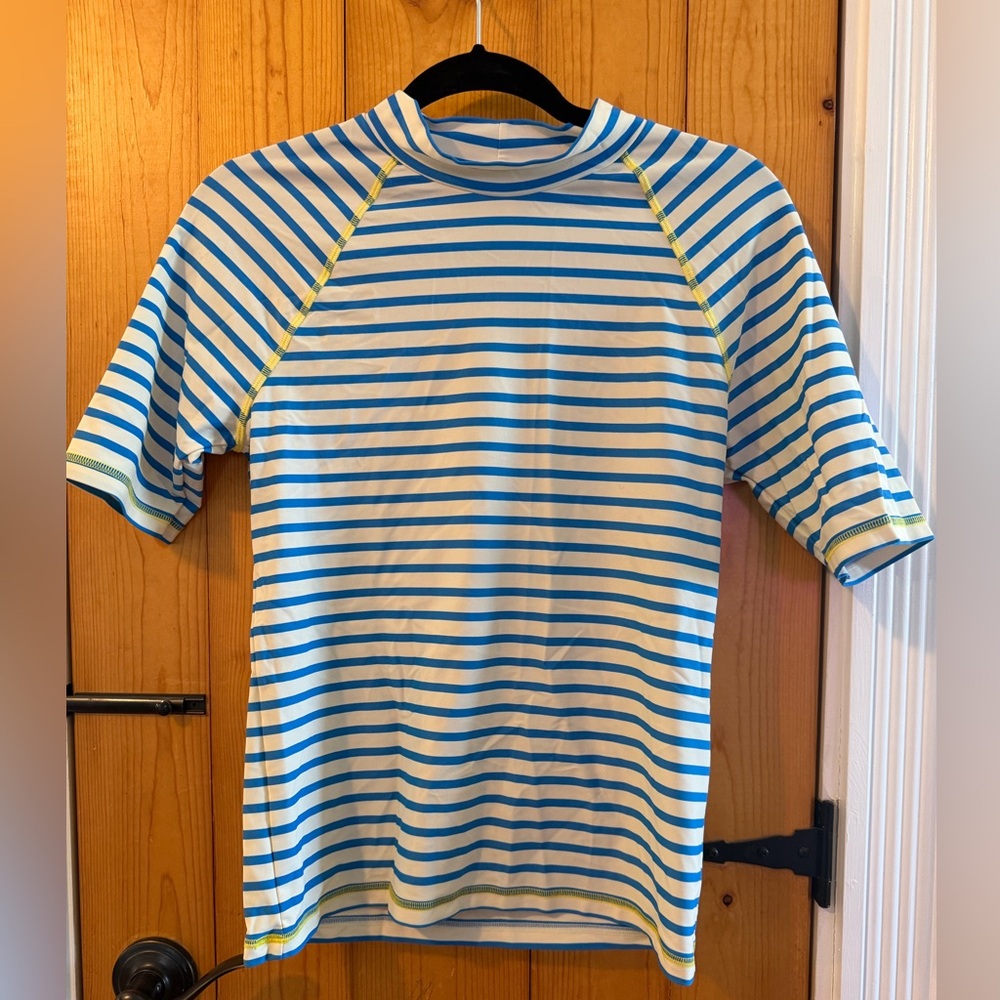 Johnnie B Blue and White Striped Short Sleeve Rash Guard EUC